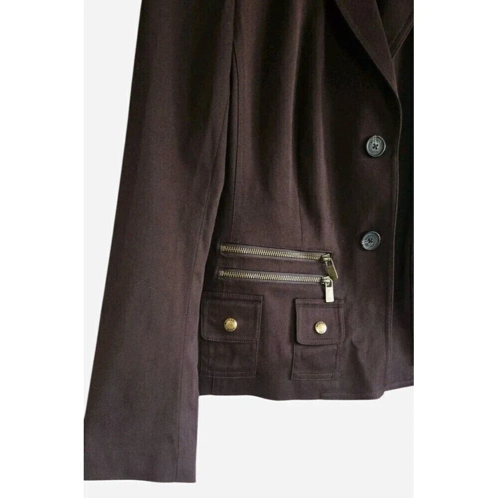 Michael Kors Blazer Safari Jacket  Dark Brown Zipper Pockets Satin Lined Size 10